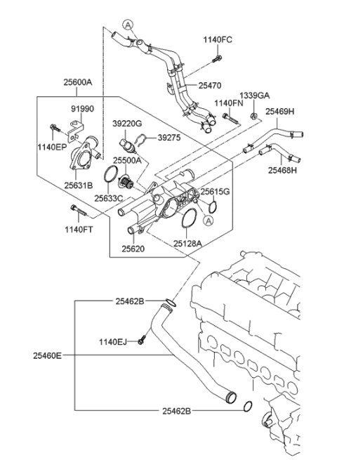 2009 Hyundai Santa Fe New Body Style Coolant Pipe & Hose Diagram 1