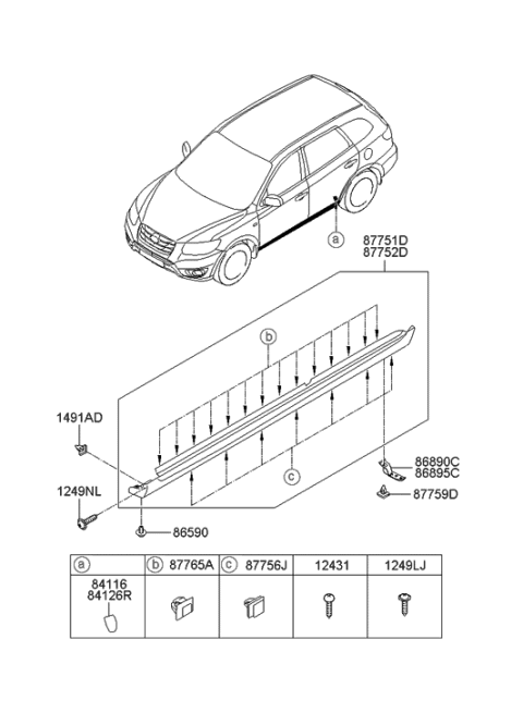 2009 Hyundai Santa Fe New Body Style Body Side Moulding Diagram