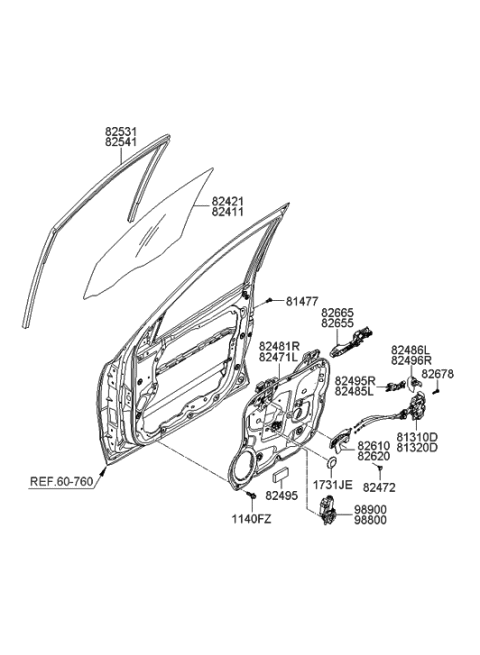 2009 Hyundai Santa Fe Front Door Window Regulator & Glass Diagram