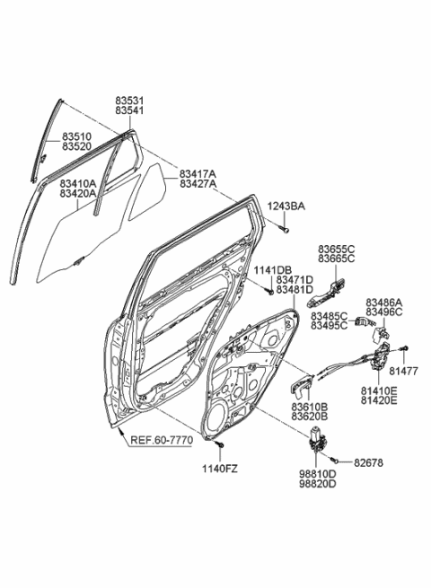 2009 Hyundai Santa Fe Rear Door Window Regulator & Glass Diagram