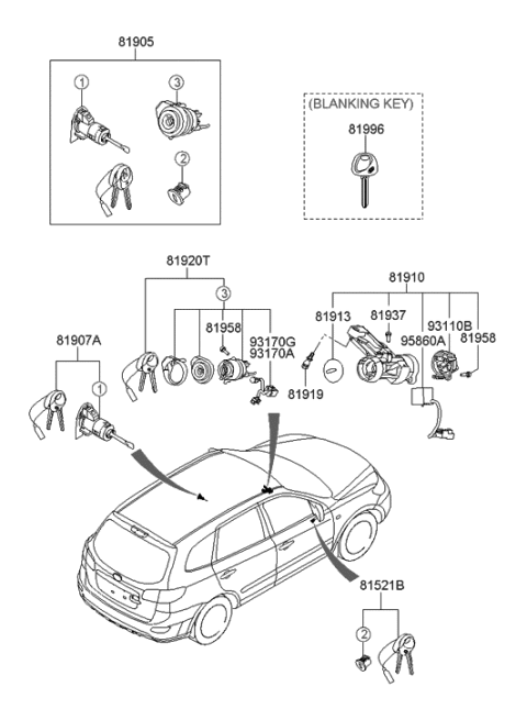 2009 Hyundai Santa Fe New Body Style Key & Cylinder Set Diagram