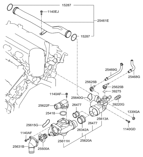 2009 Hyundai Santa Fe New Body Style Coolant Pipe & Hose Diagram 2