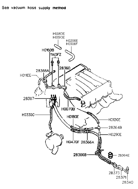 1993 Hyundai Sonata Old Body Style Vacuum Hose (I4,SOHC) Diagram 3