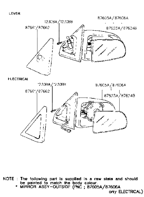 1993 Hyundai Sonata Old Body Style Mirror-Outside Rear View Diagram