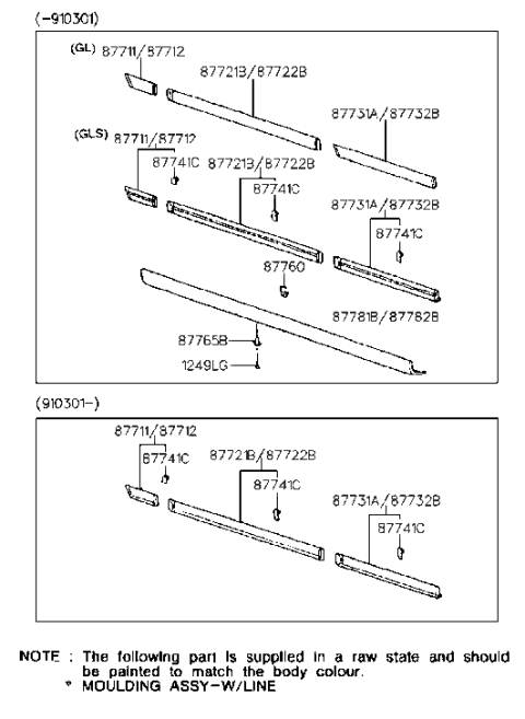 1993 Hyundai Sonata Old Body Style Body Side Moulding Diagram