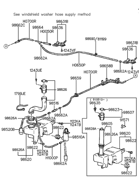 1988 Hyundai Sonata Tube Assembly-Windshield Washer Reservoir Diagram for 98625-33500