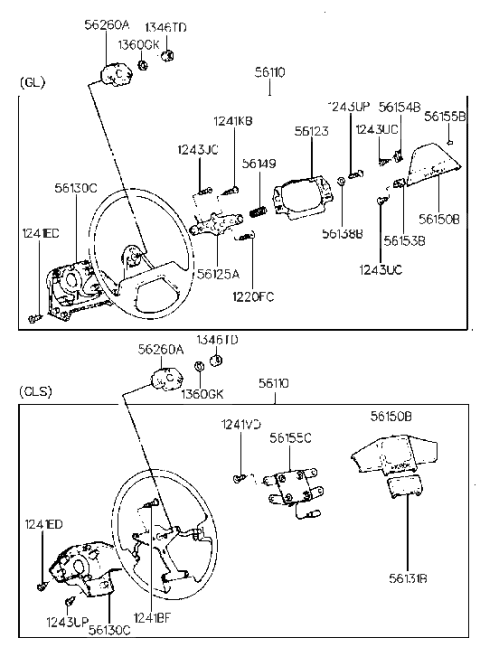 1990 Hyundai Sonata Steering Wheel Assembly Diagram for 56100-33500-DT