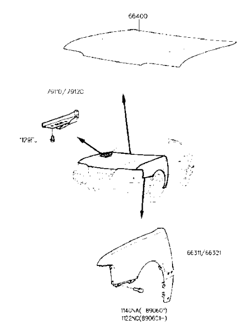 1993 Hyundai Sonata Old Body Style Fender & Hood Panel Diagram