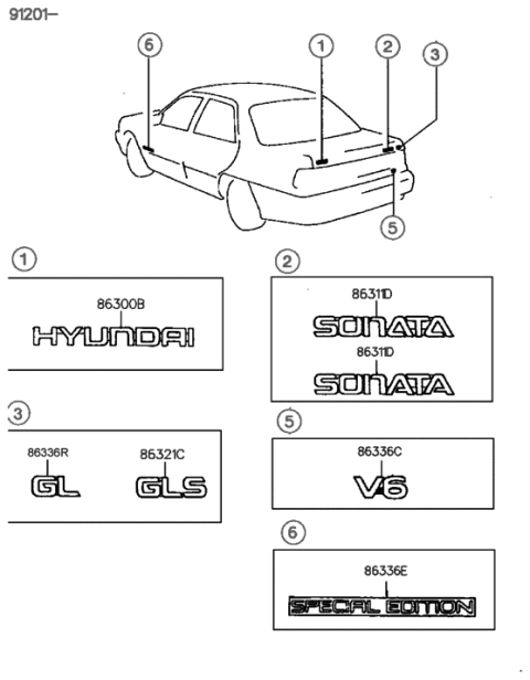 1988 Hyundai Sonata Emblem-Special Edition,RH Diagram for 86338-33020-AN