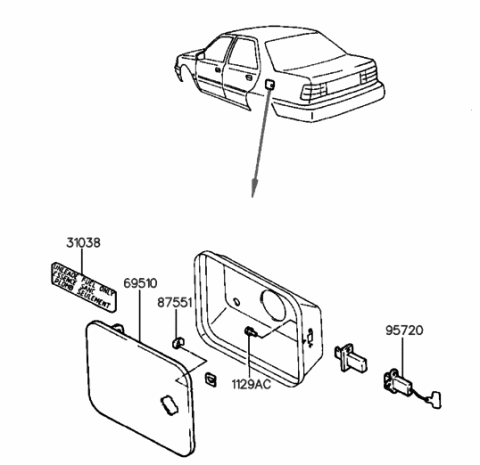 1989 Hyundai Sonata Fuel Filler Door Assembly Diagram for 69510-33010