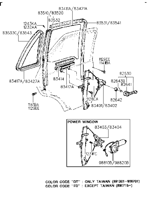 1991 Hyundai Sonata Rear Left Power Window Regulator Assembly Diagram for 83401-33000