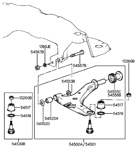 1992 Hyundai Sonata Ball Joint Kit-Suspension Lower Arm Diagram for 54503-31600