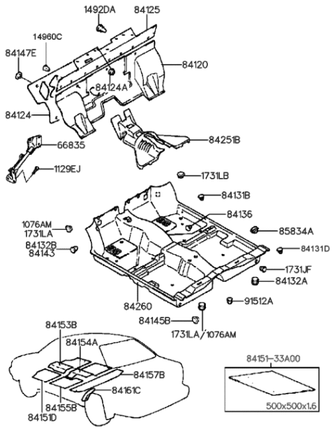 1990 Hyundai Sonata Carpet Assembly-Floor Diagram for 84260-33600-AQ