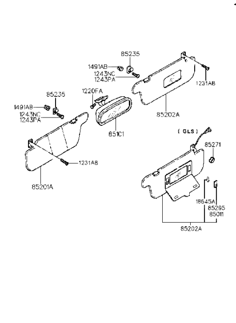 1993 Hyundai Sonata Sun Visor Assembly, Left Diagram for 85201-33100-AW