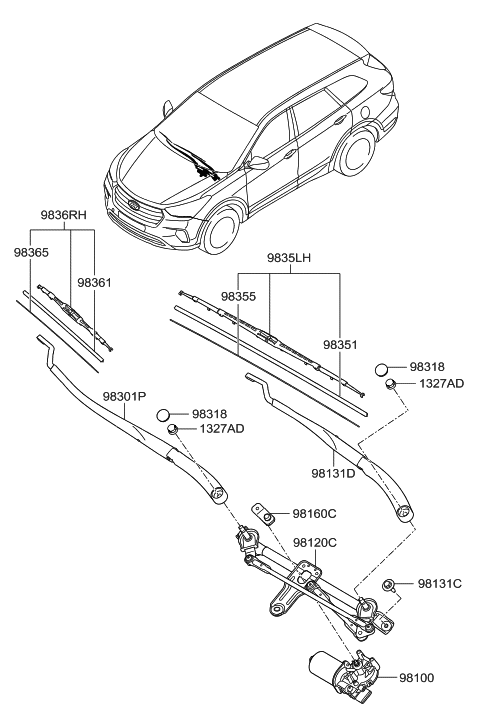 2017 Hyundai Santa Fe Windshield Wiper Arm Assembly(Passenger) Diagram for 98321-4Z000