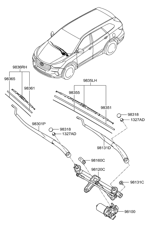 2017 Hyundai Santa Fe Rail Spring-WIPER Blade,PASSEN Diagram for 98365-2W000