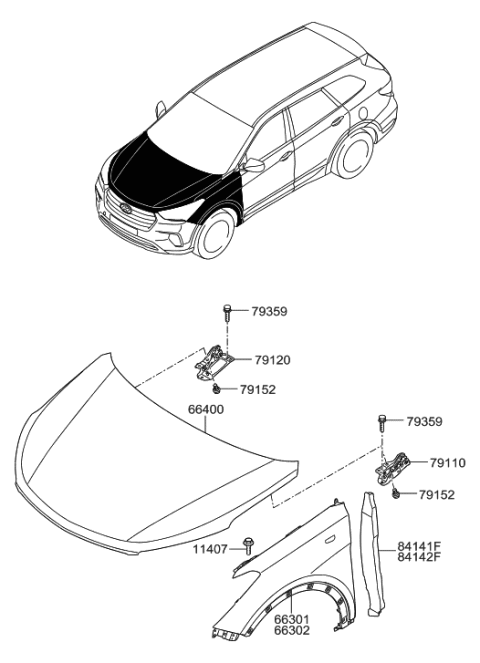 2018 Hyundai Santa Fe Fender & Hood Panel Diagram