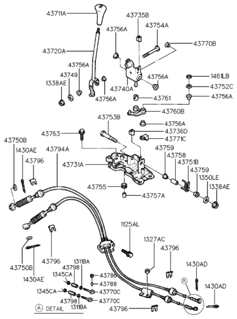 1990 Hyundai Scoupe Manual Transmission Lever Cable Assembly Diagram for 43794-23083