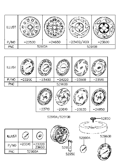 1994 Hyundai Scoupe Steel Wheel Assembly Diagram for 52910-23500