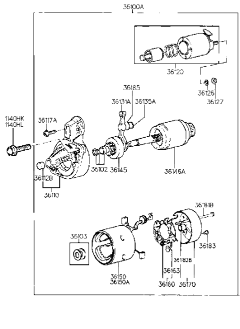 1990 Hyundai Scoupe Starter Assembly Diagram for 36100-22000