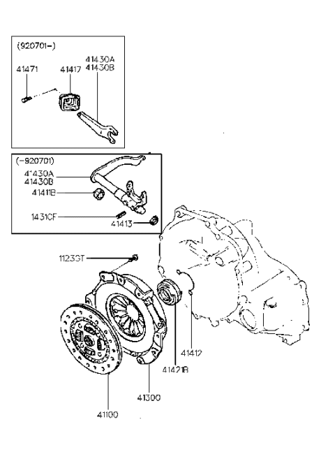 1990 Hyundai Scoupe Fulcrum-Clutch Release Lever Diagram for 41471-34010
