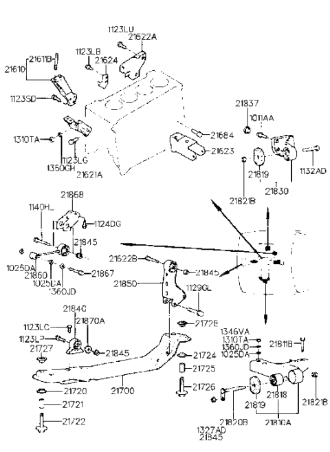 1992 Hyundai Scoupe Engine & Transaxle Mounting Diagram 1