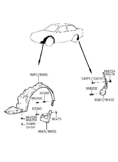 1993 Hyundai Scoupe Front Wheel Guard Assembly,Right Diagram for 86812-23200