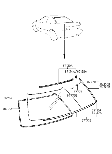 1992 Hyundai Scoupe Rear Window Glass & Moulding Diagram