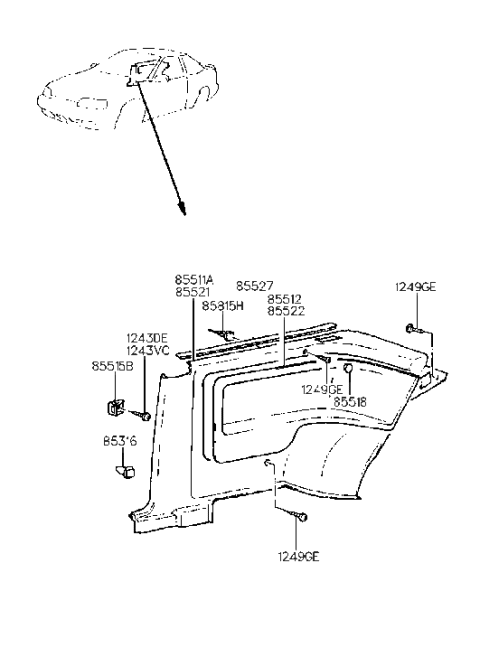 1991 Hyundai Scoupe Cover Assembly-Quarter Inner Center,RH Diagram for 85522-23001-LB