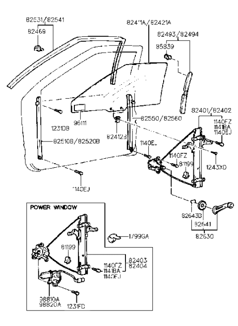 1990 Hyundai Scoupe Front Door Window Regulator & Glass Diagram