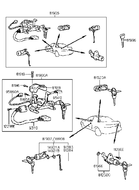 1992 Hyundai Scoupe Lock Key & Cylinder Set Diagram for 81905-23102