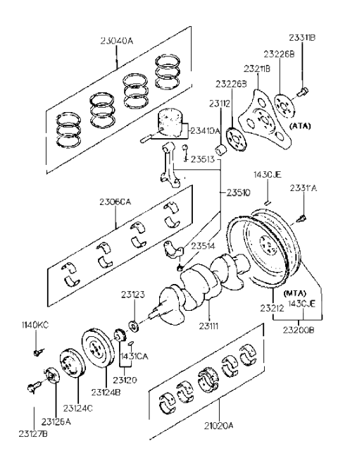 1994 Hyundai Scoupe Crankshaft & Piston (G4DJ) Diagram 1
