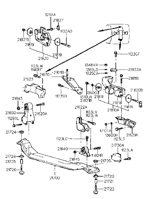 1990 Hyundai Scoupe Engine & Transaxle Mounting Diagram 2