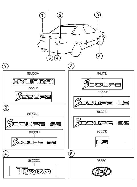 1990 Hyundai Scoupe 440 Emblem Diagram for 86331-23020-LR