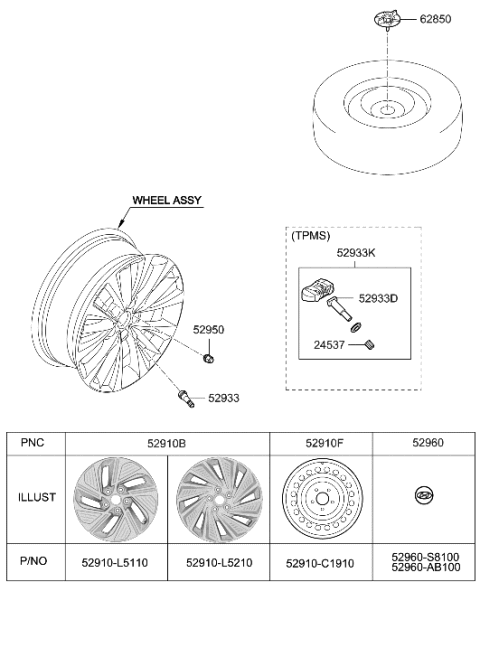 2020 Hyundai Sonata Hybrid Wheel & Cap Diagram