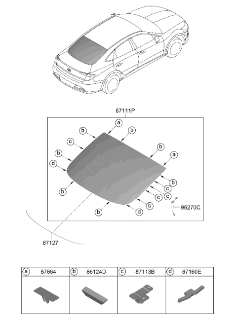 2020 Hyundai Sonata Hybrid Rear Window Glass & Moulding Diagram