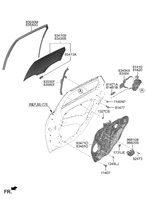 2023 Hyundai Sonata Hybrid Rear Door Window Regulator & Glass Diagram