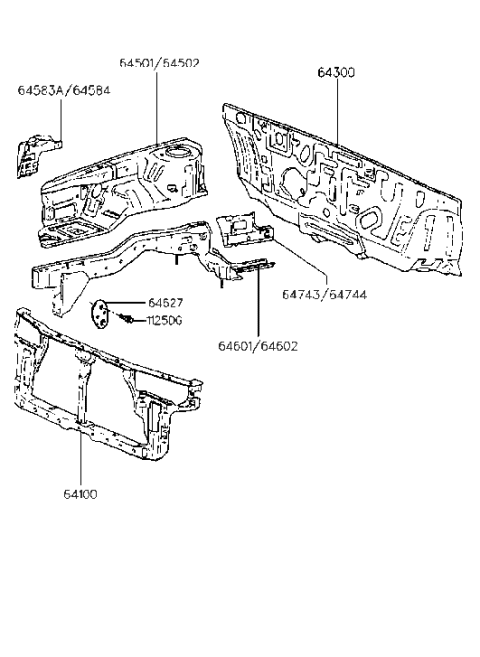 1987 Hyundai Excel Panel Complete-Radiator Support Diagram for 64100-34100