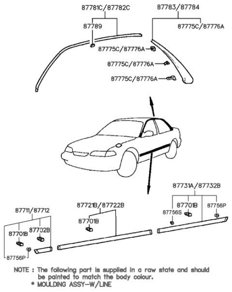1994 Hyundai Sonata Clip-Drip Rail Molding Rear,LH Diagram for 87775-34100