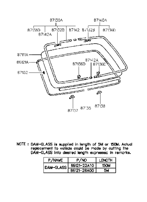 1998 Hyundai Sonata Old Body Style Rear Window Glass & Moulding Diagram