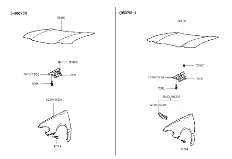 1993 Hyundai Sonata Fender & Hood Panel Diagram