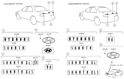 1996 Hyundai Sonata V6 Emblem Diagram for 86328-34500