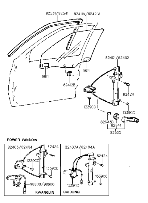 1997 Hyundai Sonata Front Door Window Regulator & Glass Diagram