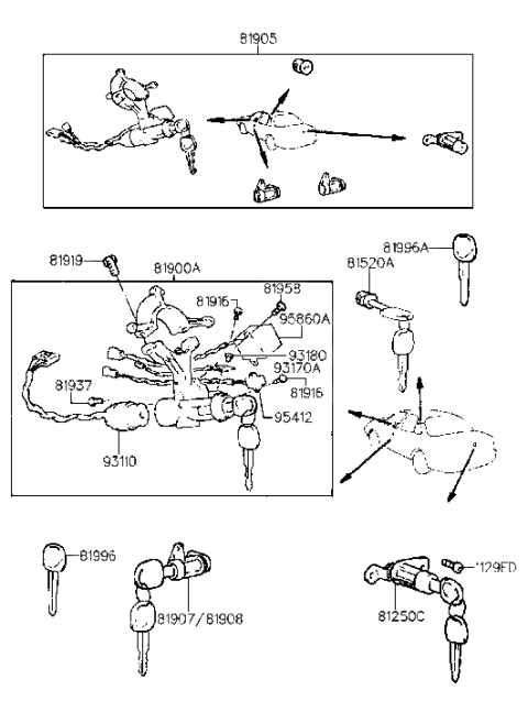 1993 Hyundai Sonata Key & Cylinder Set Diagram