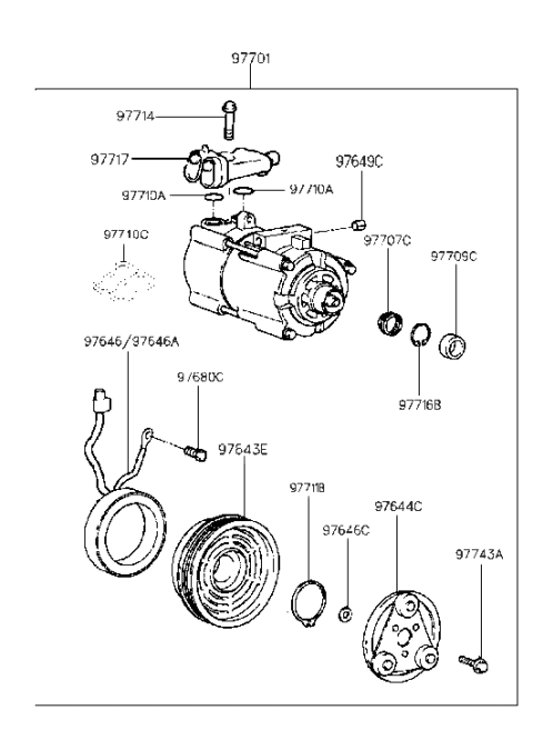 1989 Hyundai Excel PULLEY Assembly-Air Conditioning Compressor Diagram for 97643-34070