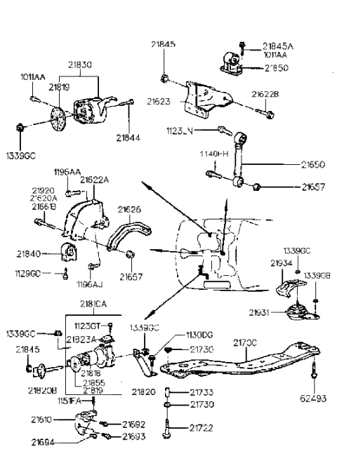 1993 Hyundai Sonata New Body Style Engine & Transaxle Mounting Diagram 1