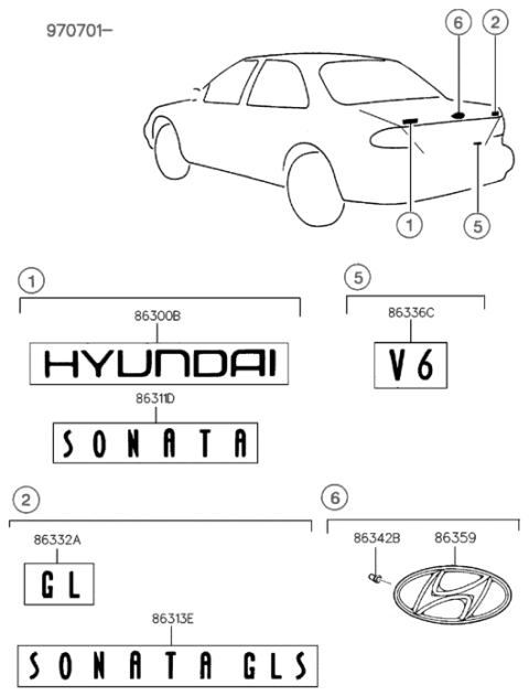 1998 Hyundai Sonata Old Body Style Emblem Diagram 3