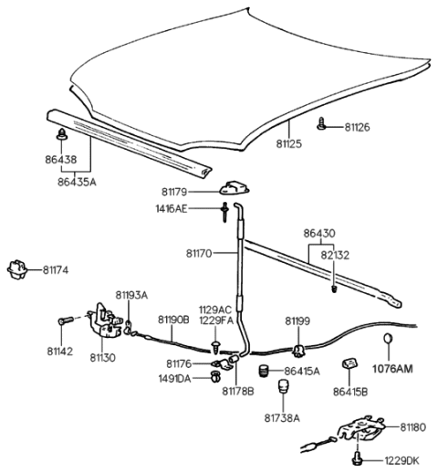 1993 Hyundai Sonata Cable Assembly-Hood Latch Release Diagram for 81190-34000
