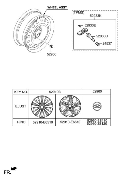 2019 Hyundai Sonata Hybrid Aluminium Wheel Assembly Diagram for 52910-E6610
