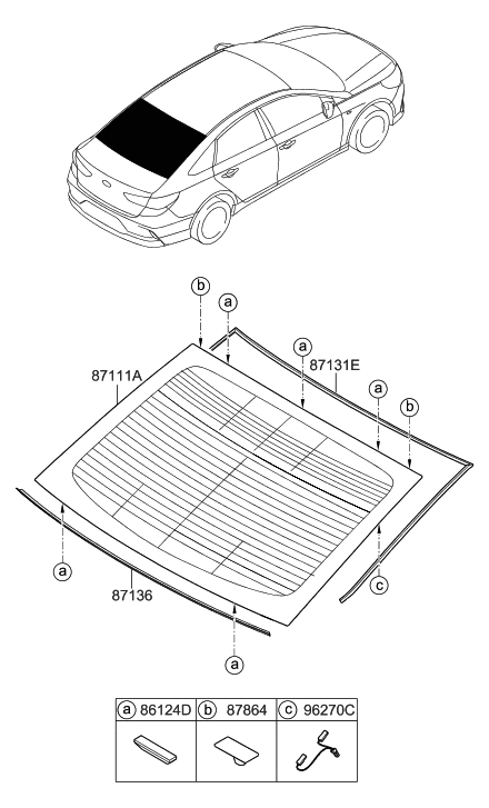 2019 Hyundai Sonata Hybrid Rear Window Glass & Moulding Diagram